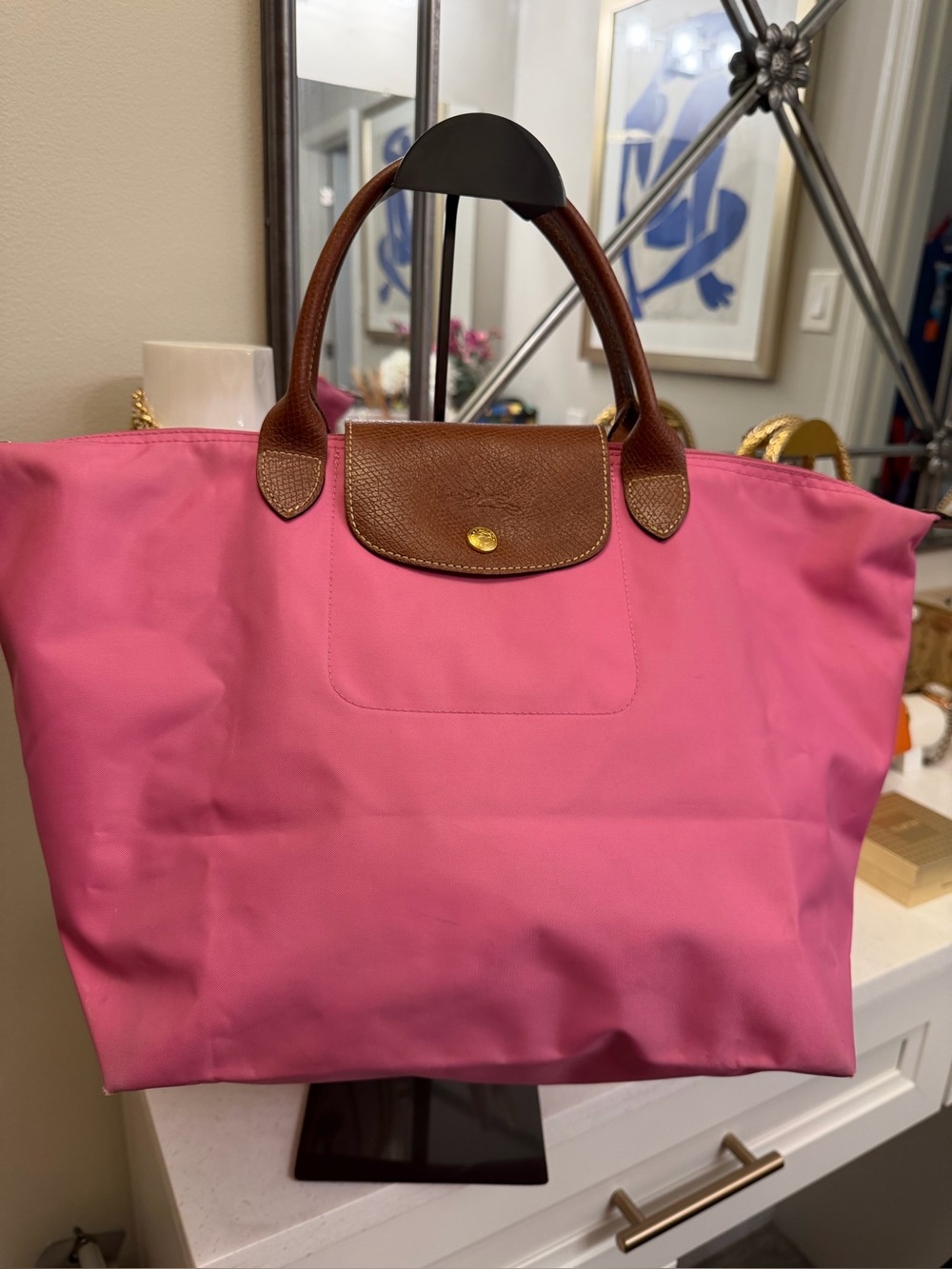 Longchamp Pink Nylon Tote with Brown Leather Trim